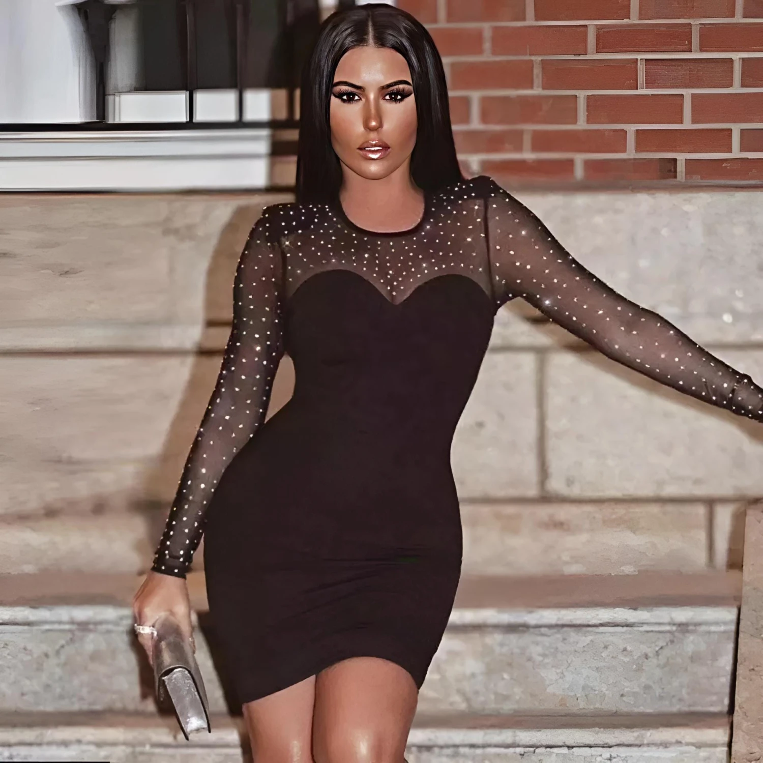 Vestito Donna Tubino Scollo Cuore Tulle Manica Lunga Strass Elegante Sensuale 1 Vestito Donna Tubino Scollo Cuore Tulle Manica Lunga Strass Elegante Sensuale