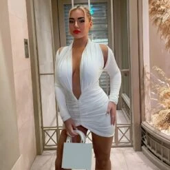 Vestito Donna Tubino Scollo V Profondo Arricciato Sexy Elegante