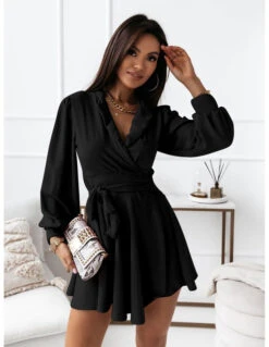 Vestito Donna Scollo V Manica Sbuffo Cintura Gonna Svasata Morbido Casual Elegante