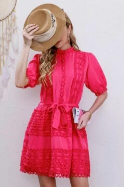 Vestito Donna Campana Cintura Fiocco Monocolore Ricamo Occhiello Mezza Manica Bottoni -Vendite Linda || VICTOR refrew