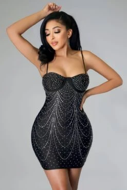 Vestito Donna Tubino Scollo Cuore Bretelle Pietre Strass Gioiello Elegante Sensuale