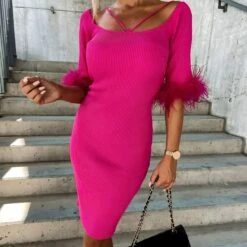 Vestito Donna Tubino Bretella Manica Corta Piume Scollo Fascia Sensuale Elegante -Vendite Linda || VICTOR rg