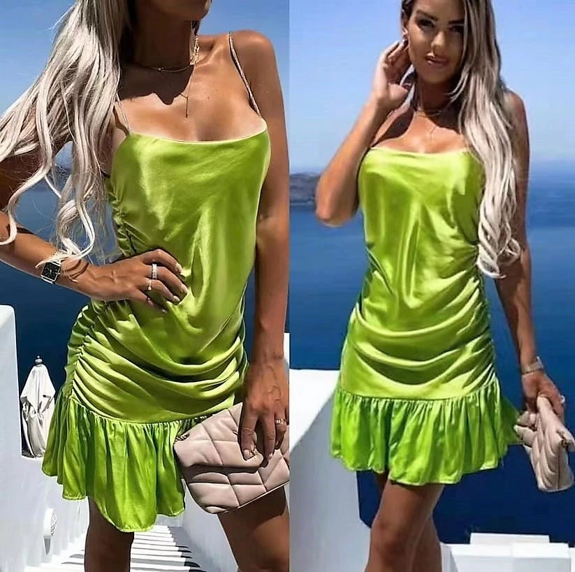 Vestito Donna Bretelle Morbido Rush Arricciato Sensuale Elegante 2 Vestito Donna Bretelle Morbido Rush Arricciato Sensuale Elegante - immagine 2