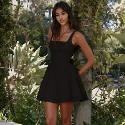 Vestito Donna Morbido Campana Scollo Quadrato Schiena Scoperta Fiocco Bretelle Elegante -Vendite Linda || VICTOR shida8.50blackdress