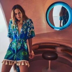 Vestito Donna Copricostume Scollo V Morbido Bottoni Nappine Fantasia Casual