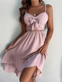 Vestito Donna Scollo Cuore Bretelle Fiocco Gonna Svasata Rush Casual Elegante