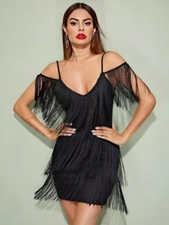 Vestito Donna Tubino Scollo Cuore Bretelle Frange Sensuale Elegante