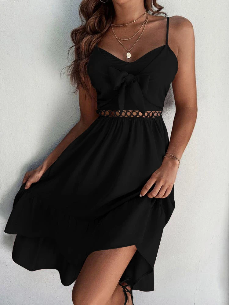 Vestito Donna Scollo Cuore Bretelle Fiocco Gonna Svasata Rush Casual Elegante - immagine 2