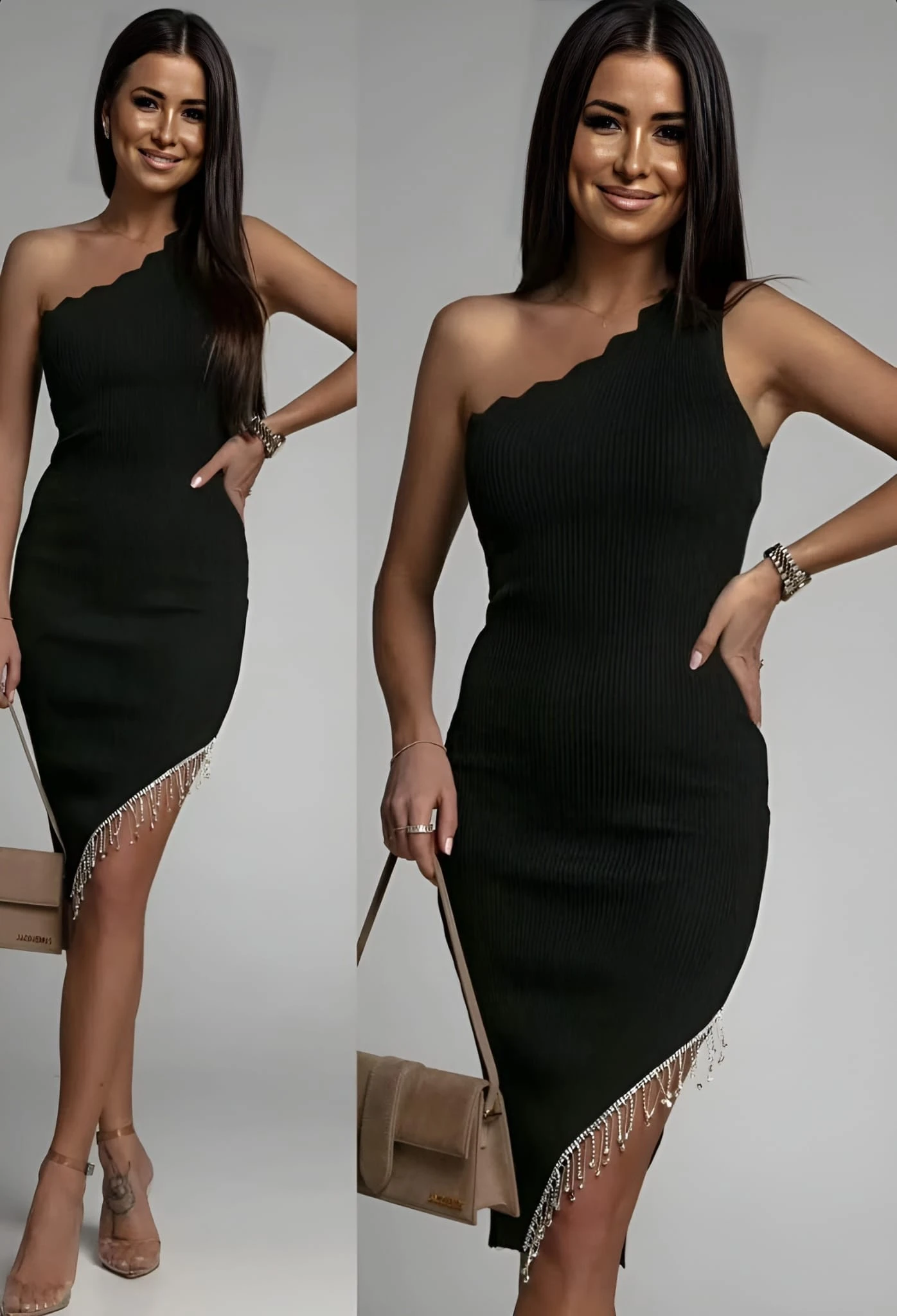 Vestito Donna Tubino Monospalla Strass Frange Asimmetrico Costina Elegante 1 Vestito Donna Tubino Monospalla Strass Frange Asimmetrico Costina Elegante