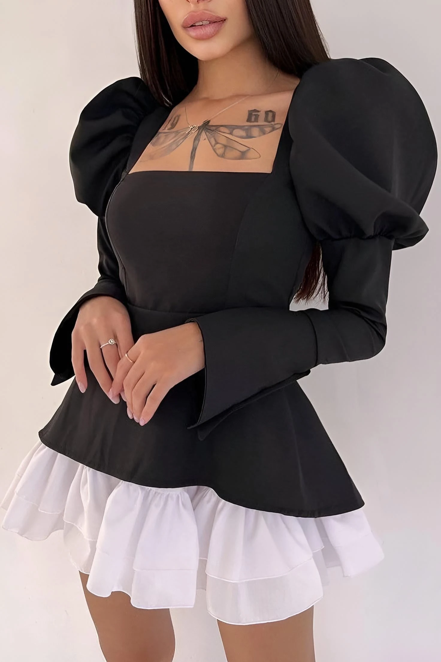 Vestito Donna Morbido Spalla Sbuffo Bicolore Volant Sexy 1 Vestito Donna Morbido Spalla Sbuffo Bicolore Volant Sexy