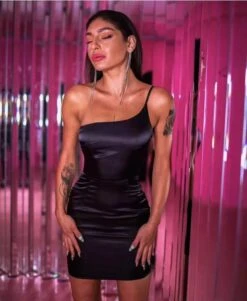 Vestito Donna Tubino Aderente Mono Spalla Bretella Scollo Asimmetrico Elegante Sexy