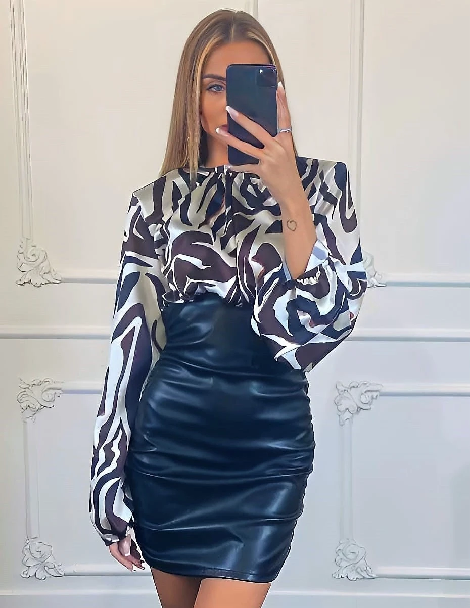 Vestito Donna Tubino Manica Sbuffo Bicolore Gonna Vita Alta Ecopelle Arricciata Elegante Sensuale 1 Vestito Donna Tubino Manica Sbuffo Bicolore Gonna Vita Alta Ecopelle Arricciata Elegante Sensuale