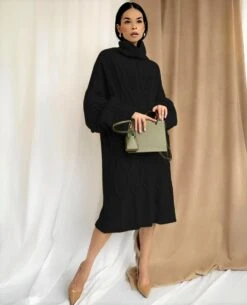 Vestito Donna Maxi Pull Collo Alto Morbido Caldo Manica Sbuffo Trama Intreccio Casual Elegante