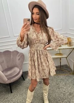 Vestito Donna Scollo V Manica Sbuffo Rush Fantasia Maculata Elastico Gonna Campana Casual Elegante