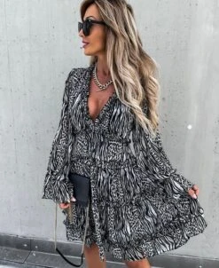 Vestito Donna Scollo V Gonna Svasata Fantasia Animalier Rush Elegante Sensuale