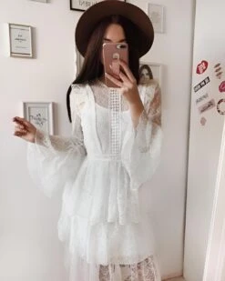 Vestito Donna Morbido Tulle Ricami Manica Lunga Balze Casual Elegante Sensuale