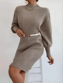 Vestito Donna Maxi Pull Girocollo Manica Sbuffo Morbido Caldo Casual