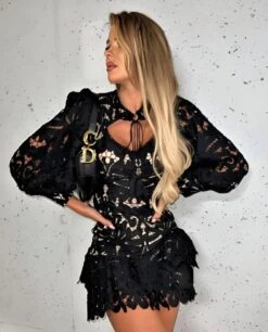 Vestito Donna Scollo Cuore Merletto Manica Sbuffo Fiocco Traforato Elegante Sensuale